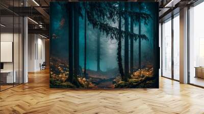 A dark and moody forest with mist and fog Generative AI Wall mural