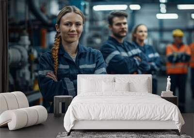 A group of factory workers in uniform, standing in a factory, all smiling. Wall mural