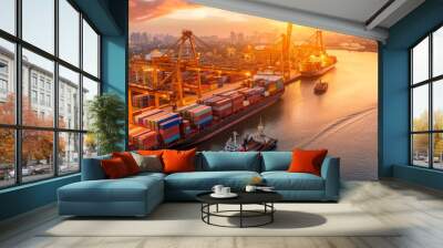 busy harbor with cargo containers, ships and loading equipment in an industrial setting. Generative AI Wall mural