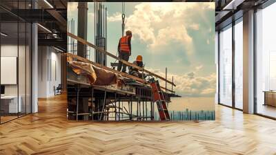 construction crew working on a high-rise building suspended in the air. Generative ai Wall mural