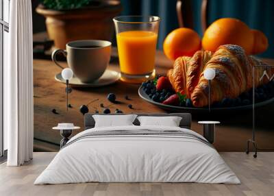 Cup of coffee and fresh croissan . French breakfast. Wall mural