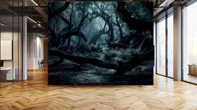 dark forest with twisted trees and deep shadows, suggesting the possibility of supernatural creatures lurking in the darkness. Generative AI Wall mural