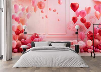 Design concept for Valentine's Day podium stage with pink heart shaped balloons . Generative Ai Wall mural