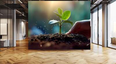 entrepreneur planting a seedling, symbolizing the growth of a startup. Generative AI Wall mural