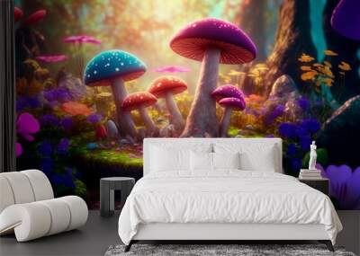 Fantastic wonderland forest landscape with mushrooms and flowers. Wall mural