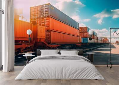 freight train passing through a logistics hub, showcasing the role of rail transport in moving goods across continents. Generative AI Wall mural