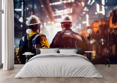 Industrial workers in safety vests and hard hats collaborating on a project. Generative Ai Wall mural