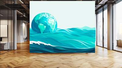 ocean waves and a globe, blue and green color palette Wall mural