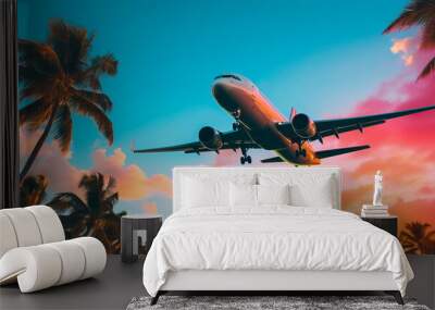 Passenger plane over palm trees with beautiful blue pink orange sun . Generative AI Wall mural