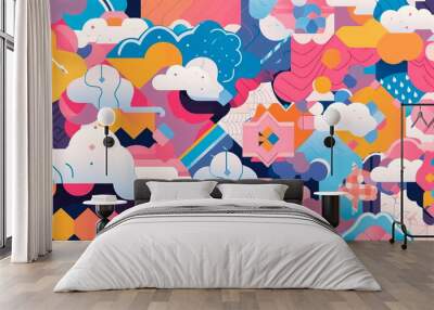 pattern with a retro aesthetic, featuring funky geometric shapes and bright colors Generative AI Wall mural