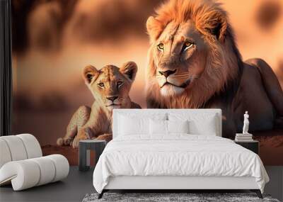 Proud lion and his cub are happy together in African landscape, realistic digital illustration. Wall mural