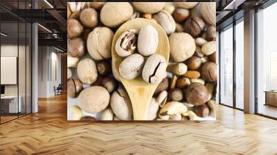 Pecans in a wooden spoon on the background of a scattering of different nuts assorted nuts Wall mural