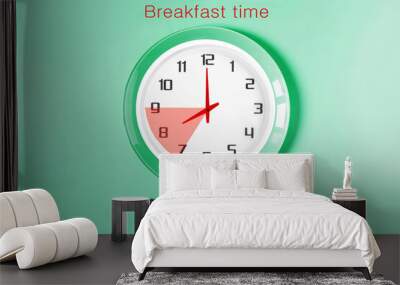 The clock shows eight in the morning, time for a healthy breakfast. Clock face close-up on a light background Wall mural