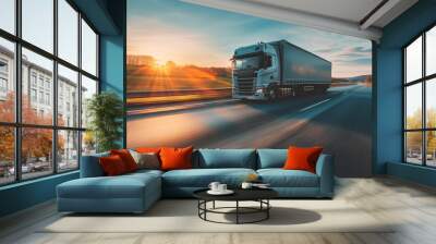 modern european semi truck going down a highway on a sunny day Wall mural