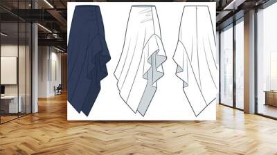 Asymmetric maxi Skirt technical fashion illustration. Ruffle Skirt fashion flat technical drawing template, draped, back zipper, front and back view, white, blue, women Skirt CAD mockup set. Wall mural