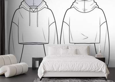 Girl's cropped Sweatshirt design fashion flat sketch template. Oversize crop Hoodie sweat with long sleeves techical drawing template. Hoodie fashion cad. Wall mural