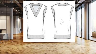 Girl's V-neck Sweater Vest fashion flat technical drawing template. Unisex apparel Vest template front and back, white colour. Unisex CAD mock-up. Wall mural