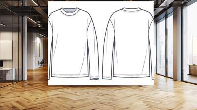 Long Sleeve Shirt fashion flat tehnical drawing template. Unisex T-Shirt fashion template, crew neck, long sleeve, front and back view, white colour, women, men, CAD mockup. Wall mural