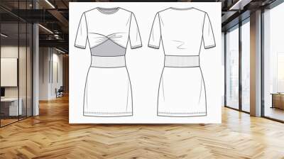 Mini Dress fashion flat technical drawing template. Girl T-shirt dress technical fashion illustration. Jersey cut out Dress fashion design. Wall mural