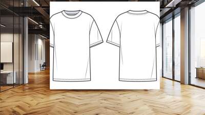 Overfit Tee Shirt fashion flat technical drawing template. Unisex T-Shirt fashion CAD, front, back view, white color. Wall mural