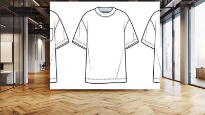 Overfit Tee Shirt technical fashion illustration. T-Shirt  fashion flat tehnical drawing template, pocket, front and back view, white color, women, men, unisex CAD mockup set. Wall mural