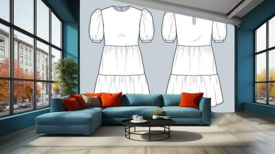 Puff Sleeve Dress technical fashion illustration. Tiered Dress fashion flat technical drawing template, mini lengths, relaxed fit, front and back view, white, women CAD mockup set. Wall mural