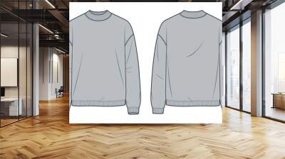 Sweatshirt technical fashion illustration. Round Neck Sweatshirt fashion flat technical drawing template, rib, long sleeve, relaxed fit, front, back view, grey color, women, men, unisex CAD mockup. Wall mural