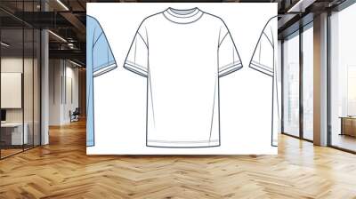 T-Shirt fashion flat tehnical drawing template. Unisex T-Shirt technical fashion illustration, oversize, front and back view, white, light blue, women, men, unisex Tee Shirt CAD mockup set. Wall mural