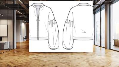 Women's Zip-up Bomber Jacket fashion flat technical drawing template. Girl's Jacket, Sweatshirt template front, back view, white, balloon sleeves. Blouse fashion CAD mock-up. Wall mural