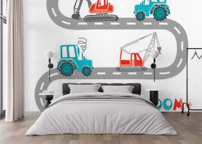 Childrens construction machinery pattern. Cartoon illustration scandinavian style. Transport machine excavator, tractor crane drives along the road. For nursery, wallpaper, printing fabric, wrapping. Wall mural