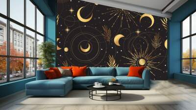 Gold seamless pattern and boho astrology. Mystical and bohemian symbols of the crescent and stars. Wall mural