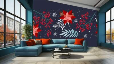 Merry Christmas And Happy New Year folk art background. Berries, poinsettia and leaves stylish vector illustration on winter greeting card. Good for cards, posters and banner design Wall mural