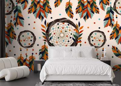 Retro seamless pattern, tribal design. Hand drawn illustration with indian dreamcatchers and feathers on the light background Wall mural