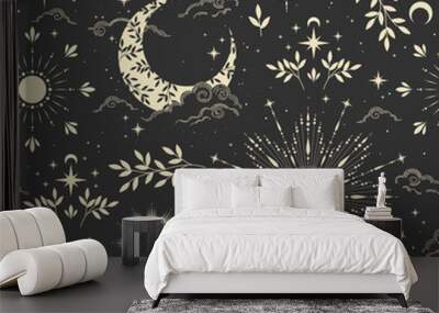 Seamless magic pattern with sun, moon, clouds, stars. Vector elements on dark background. Cosmos print. Wall mural