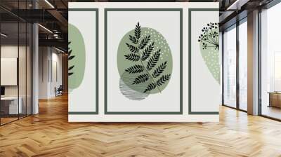 Set of three botanical illustrations in minimalist style and green colors for poster, t-shirt print, cover, banner. Printable herbs. Scandinavian style. Wall mural