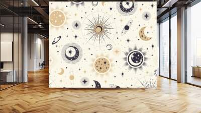 Vector magic seamless pattern with constellations, sun, moon and stars. Mystical esoteric background for design of fabric, packaging, astrology, phone case, wrapping paper. Wall mural