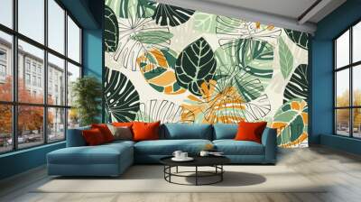 Yellow and green pattern with tropical leaves and abstract strokes. Ideal for wallpaper, surface textures, textiles. Wall mural