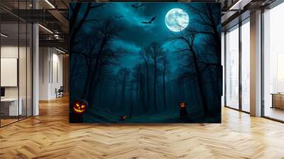 A forest at night with bats flying and a full moon Wall mural