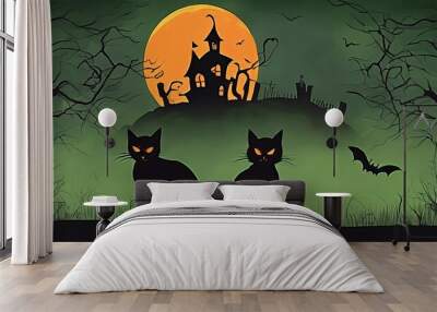 Halloween sign with cat and two pumpkins. The sign is on a dark background with moon and some bats Wall mural