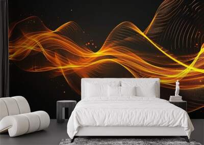 Background, gold and orange waves on black background, wallpaper, template. Wall mural