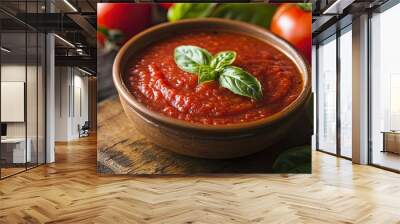 Italian traditional tomato sauce in a plate on a background of tomatoes on a wooden surface, background . Wall mural