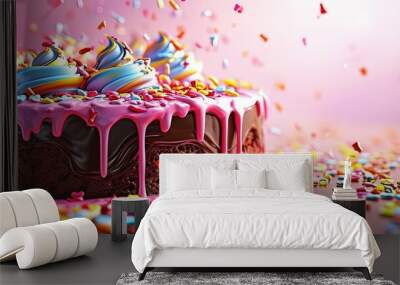 Sweet beautifully decorated with candies birthday cake on pink background, wallpaper, background. Wall mural