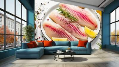 Three fillets of white fish hake with pieces of lemon and rosemary are ready to cook healthy food Wall mural