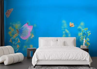 beautiful blue natural background, flowers and butterflies Wall mural