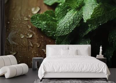 Fresh Mint Leaves with Water Droplets Wall mural