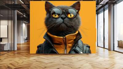 A cat wearing sunglasses and a red bandana is posing for a picture. The cat is wearing a leather jacket and he is dressed in a cool, edgy style. The image has a playful and fun vibe Wall mural