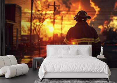 A firefighter is spraying water on a fire. The fire is orange and the firefighter is wearing a helmet Wall mural