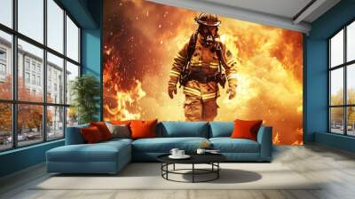 A firefighter is walking through a field of fire. The sky is orange and the fire is spreading Wall mural