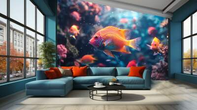 A group of orange fish swimming in a tank. The fish are of different sizes and are scattered throughout the tank. The tank is filled with various types of coral and plants, creating a vibrant Wall mural