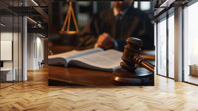 A judge is holding a gavel and sitting at a desk. Concept of authority and seriousness, as the judge is in a position of power and responsibility Wall mural